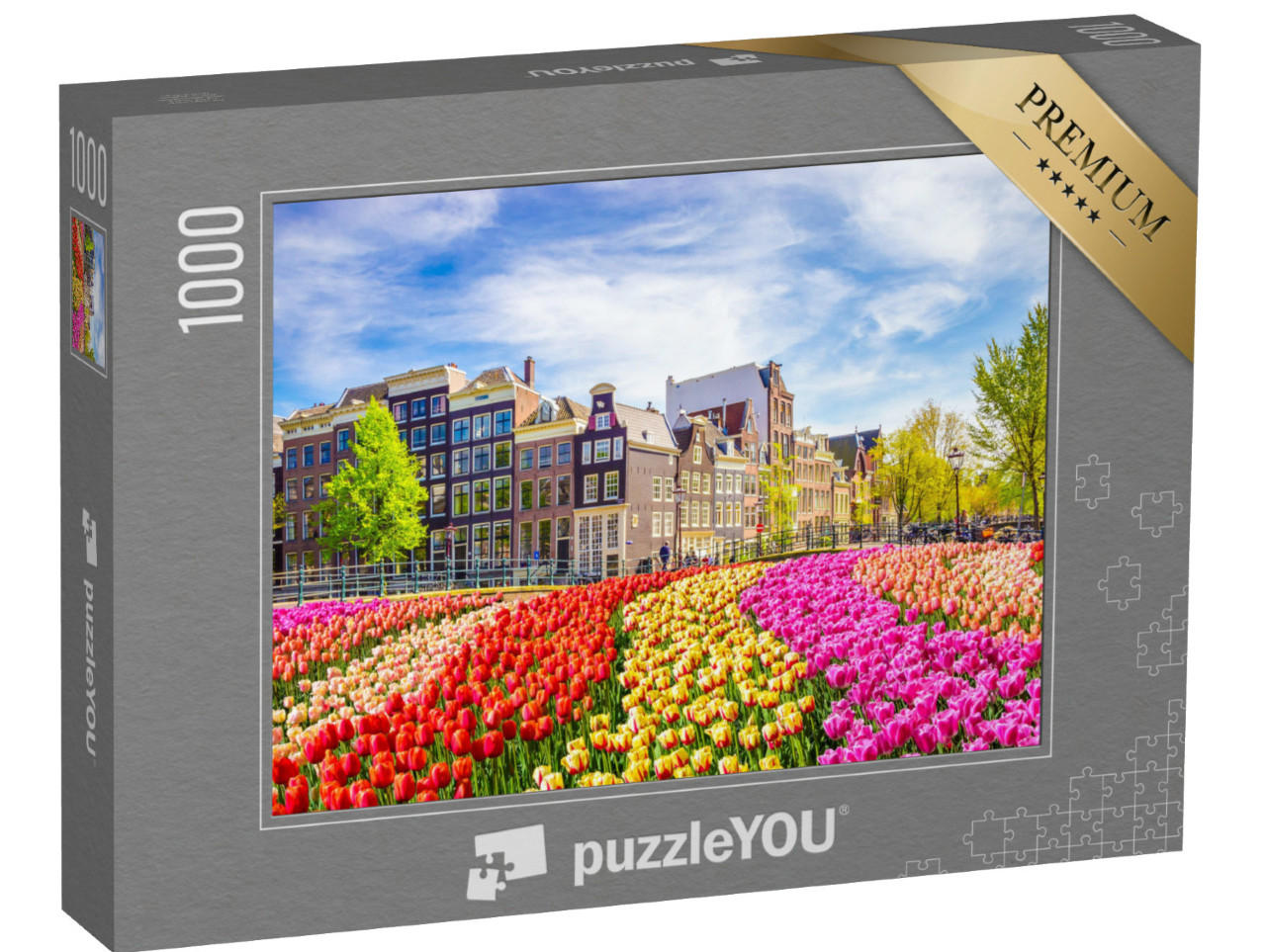 Puzzle 1000 pezzi „Bellissimi edifici antichi e tulipani ad Amsterdam, Paesi Bassi“