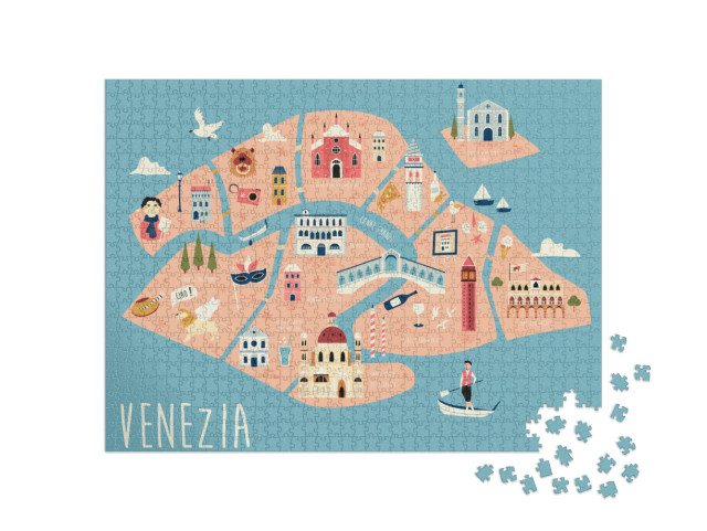 Puzzle 1000 pezzi „Mappa illustrata di Venezia con simboli, punti di riferimento ed edifici famosi. Disegno vettoriale“