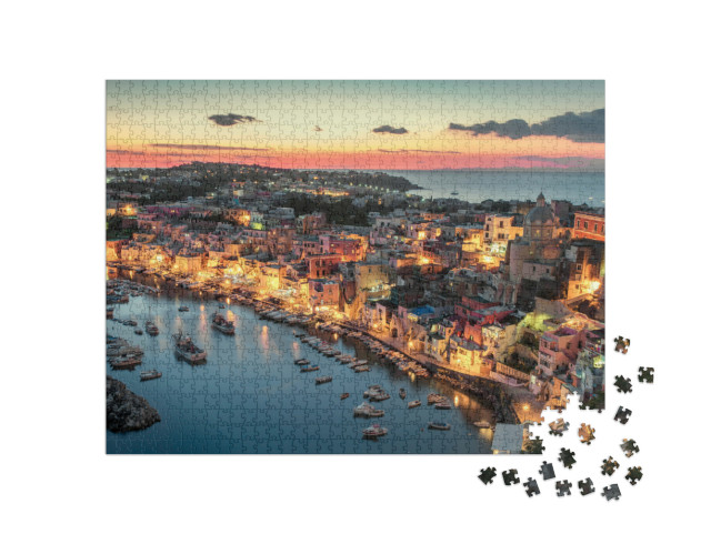 Puzzle 1000 pezzi „Il villaggio della Corricella sull'isola di Procida di notte, Italia“
