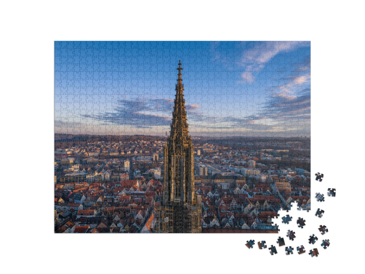 Puzzle 1000 pezzi „Cattedrale di Ulm all'alba, ripresa da un drone, Germania“