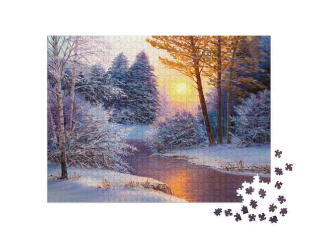 Puzzle 1000 pezzi „Paesaggio invernale con fiume, pittura a olio“