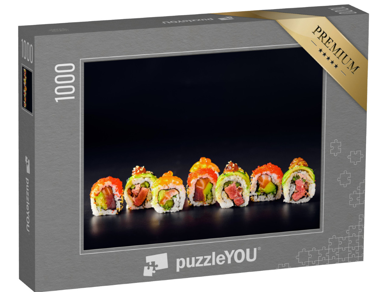 Puzzle 1000 pezzi „Involtini di sushi con caviale rosso, salmone e tonno“