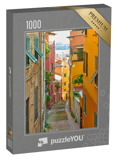 Puzzle 1000 pezzi „Prospettiva dell'antica strada in discesa che conduce al porto di Genova, Genova, Italia“