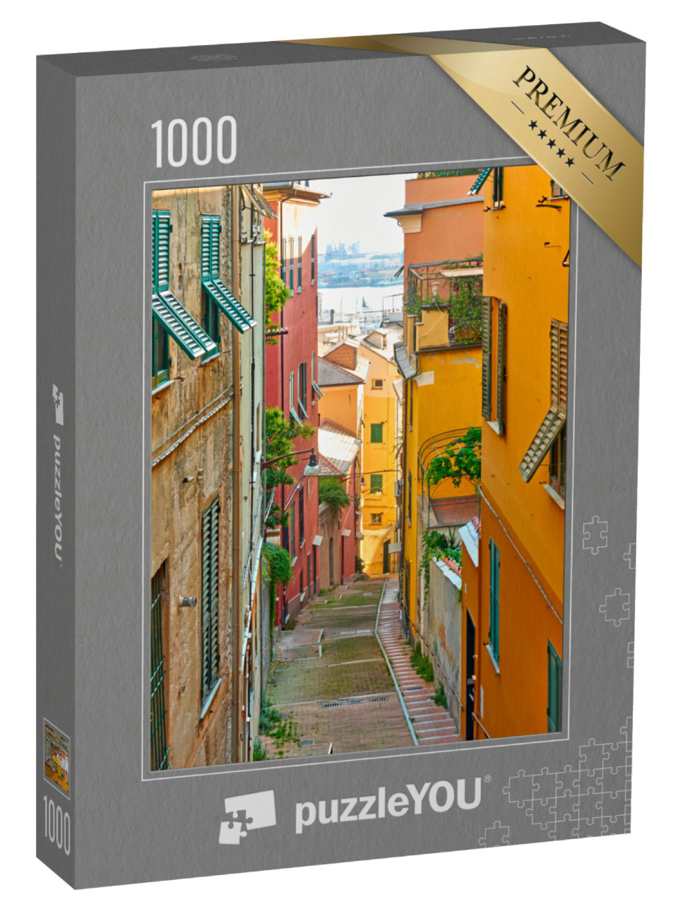 Puzzle 1000 pezzi „Prospettiva dell'antica strada in discesa che conduce al porto di Genova, Genova, Italia“