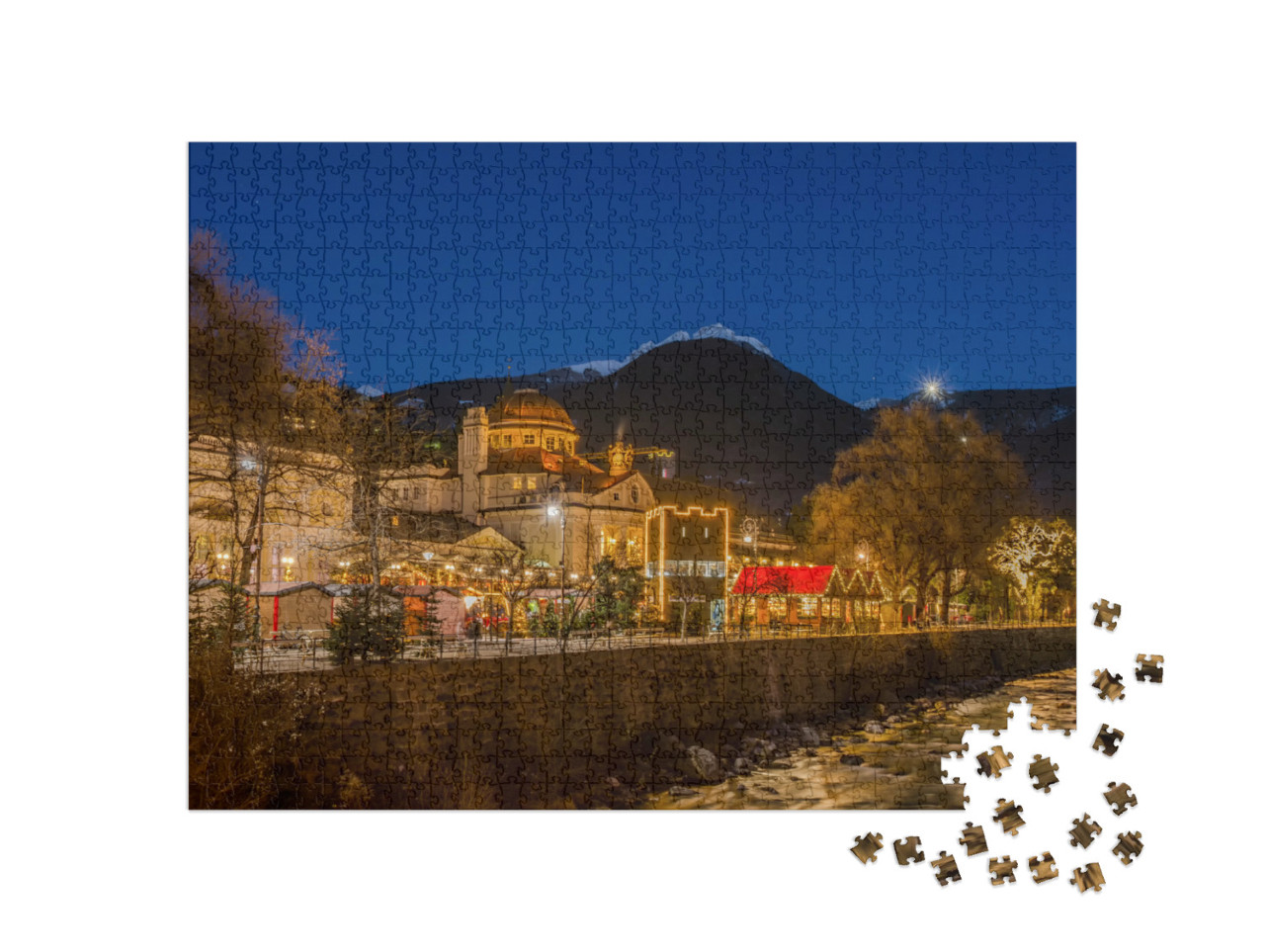 Puzzle 1000 pezzi „Merano Merano in Alto Adige, Italia, durante il Natale con il mercatino di Natale notturno“