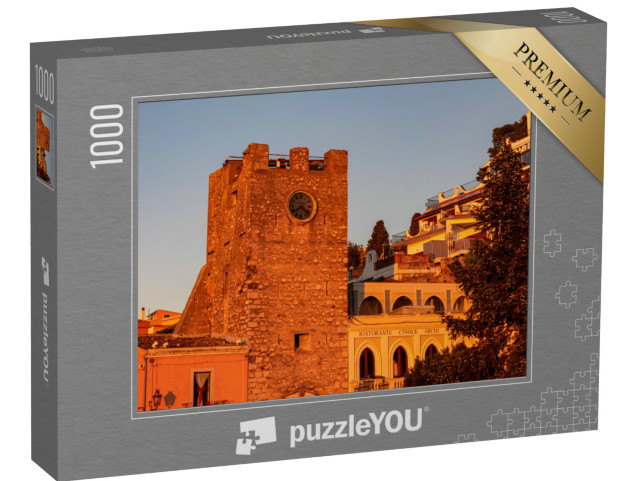 Puzzle 1000 pezzi „Il primo sole del mattino illumina la chiesa di San Giuseppe al sorgere del sole a Taormina, Sicilia“
