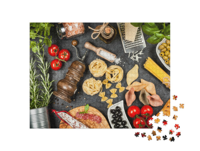 Puzzle 1000 pezzi „Cibo italiano con pasta ed erbe“