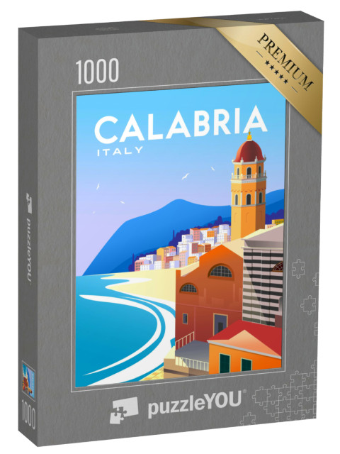 Puzzle 1000 pezzi „Poster di viaggio della Calabria. Disegno a mano illustrazione vettoriale.“