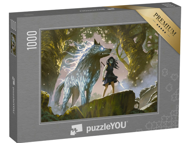 Puzzle 1000 pezzi „Ragazza selvaggia in piedi con il suo lupo nella foresta, stile arte digitale“