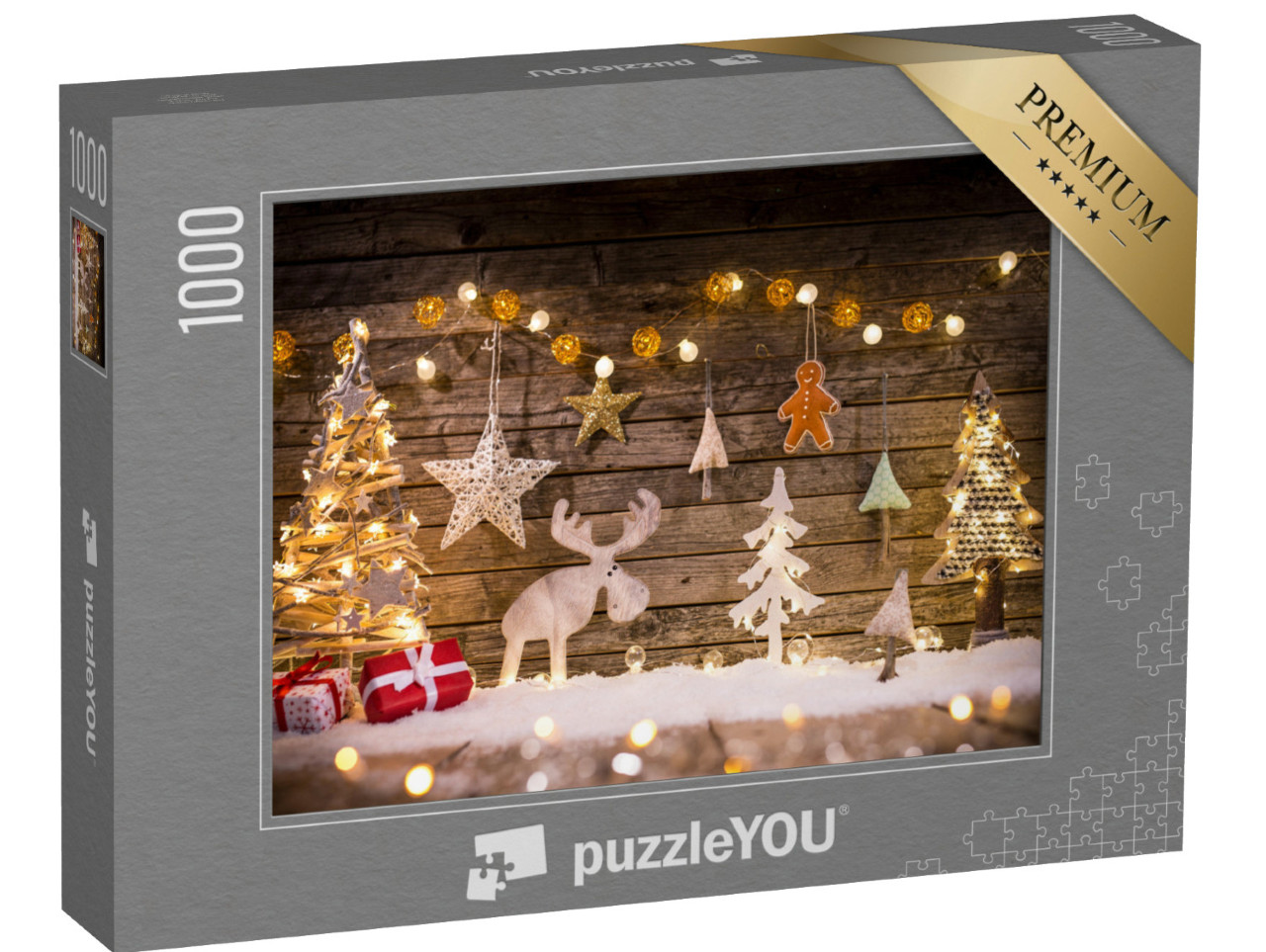 Puzzle 1000 pezzi „Decorazione natalizia su sfondo in legno, alce, albero“