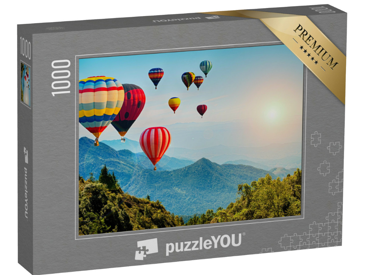 Puzzle 1000 pezzi „Vista delle montagne con mongolfiere, Thailandia“