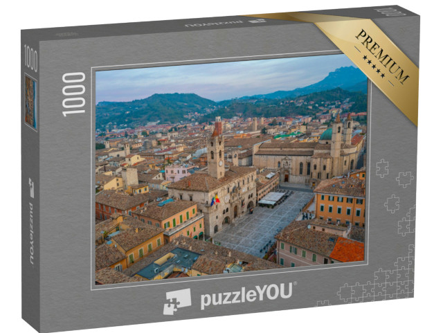 Puzzle 1000 pezzi „Vista aerea all'alba del Palazzo dei Capitani del Popolo e della chiesa di San Francesco ad Ascoli Piceno“
