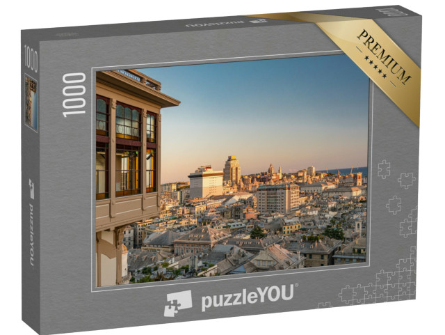 Puzzle 1000 pezzi „Veduta aerea del centro di Genova al tramonto visto da Castelletto con il famoso ascensore pubblico“