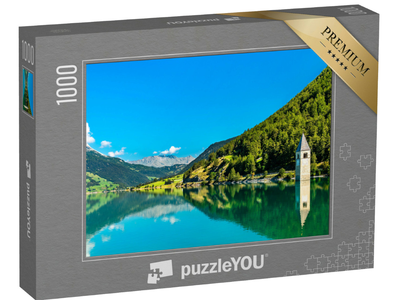 Puzzle 1000 pezzi „Campanile sommerso di Curon vicino a Graun, Val Venosta“