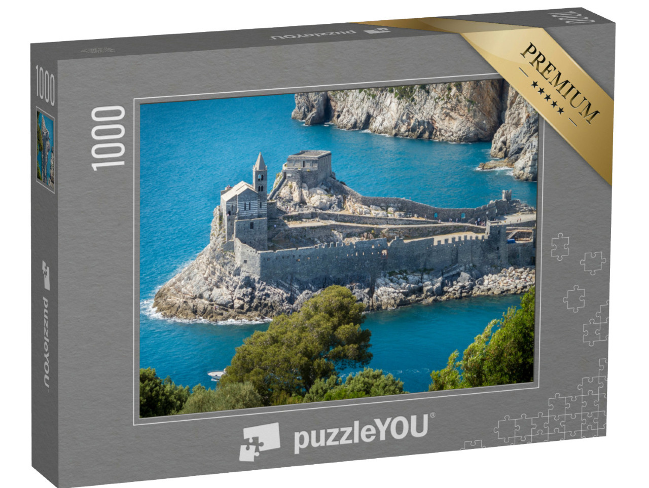 Puzzle 1000 pezzi „Porto Venere, Liguria, Italia: splendida veduta aerea della chiesa di San Pietro dall'isola di Palmaria“