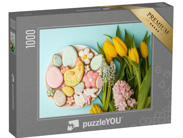 Puzzle 1000 pezzi „Deliziosi biscotti all'uovo di Pasqua con gallina gialla e tulipani gialli“