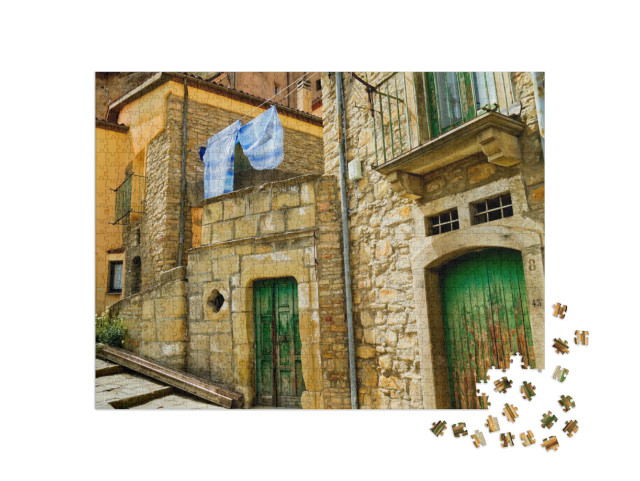 Puzzle 1000 pezzi „Castelmezzano, l'antico borgo immerso nei tipici panorami delle Dolomiti Lucane, Italia, Basilicata“