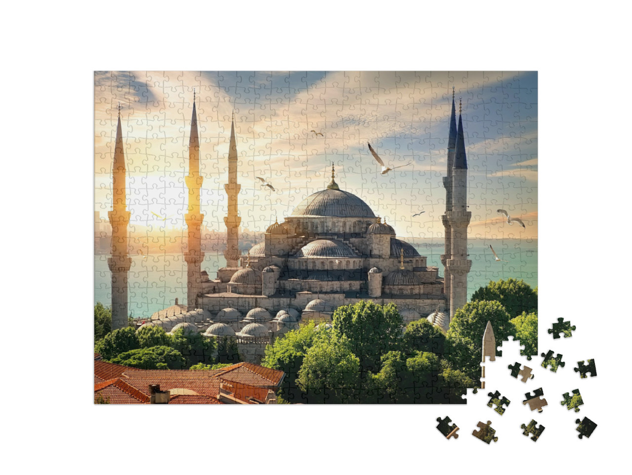 Puzzle 500 pezzi „Gabbiani sopra la Moschea Blu e il Bosforo a Istanbul“