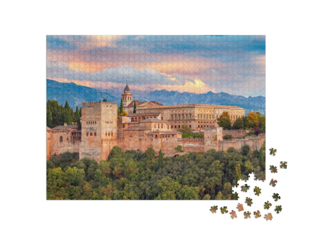 Puzzle 1000 pezzi „Il maestoso complesso della fortezza e del palazzo dell'Alhambra, Granada, Spagna“