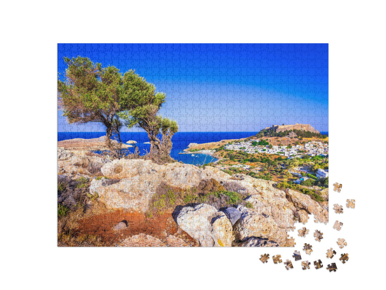 Puzzle 1000 pezzi „Lindos, villaggio a Rodi con acropoli“