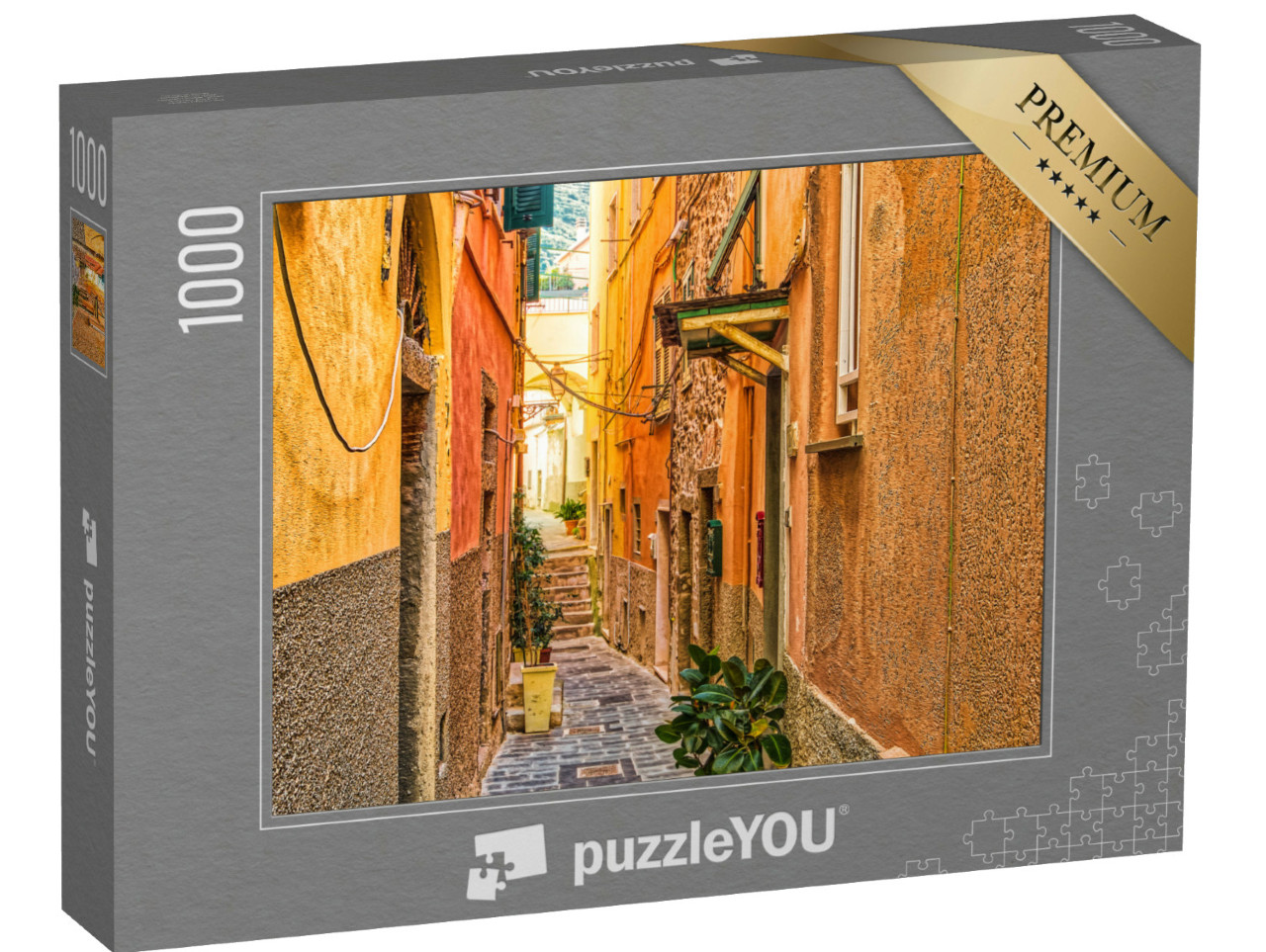 Puzzle 1000 pezzi „Case colorate nella via di Riomaggiore, borgo marinaro delle Cinque Terre, Italia“