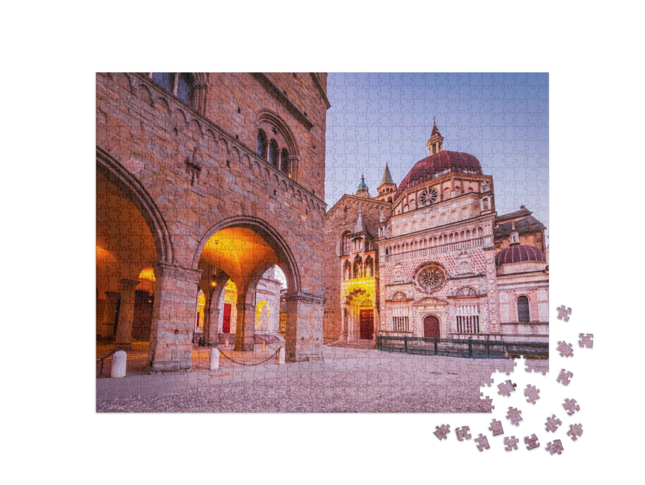 Puzzle 1000 pezzi „Bergamo, Italia. L'incantevole Piazza Duomo, luci del mattino in Città Alta, Lombardia storica.“