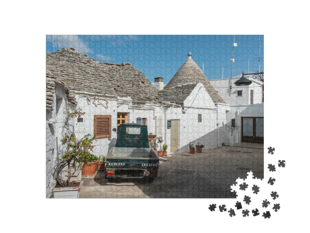 Puzzle 1000 pezzi „Iconiche case residenziali nello storico quartiere dei trulli di Alberobello, Italia“