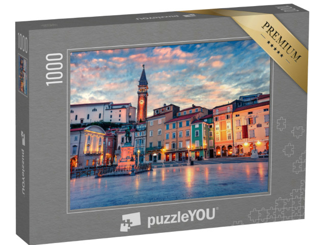 Puzzle 1000 pezzi „Spettacolare vista serale di Piazza Tartini nel centro storico di Pirano, Slovenia“