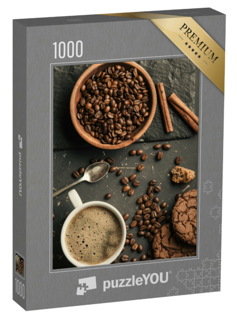 Puzzle 1000 pezzi „Insieme di chicchi di caffè tostati, caffè e biscotti“