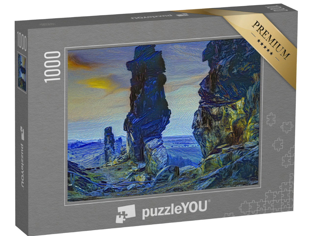 Puzzle 1000 pezzi „nello stile artistico di van Gogh, Notte stellata - Muro del Diavolo nei monti Harz, Germania“