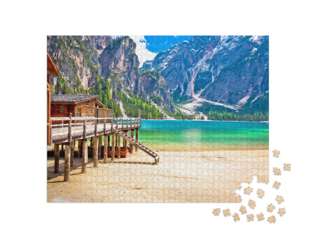 Puzzle 1000 pezzi „Lago di Braies, acqua turchese e vista sulle Alpi dolomitiche, Alto Adige, Italia“