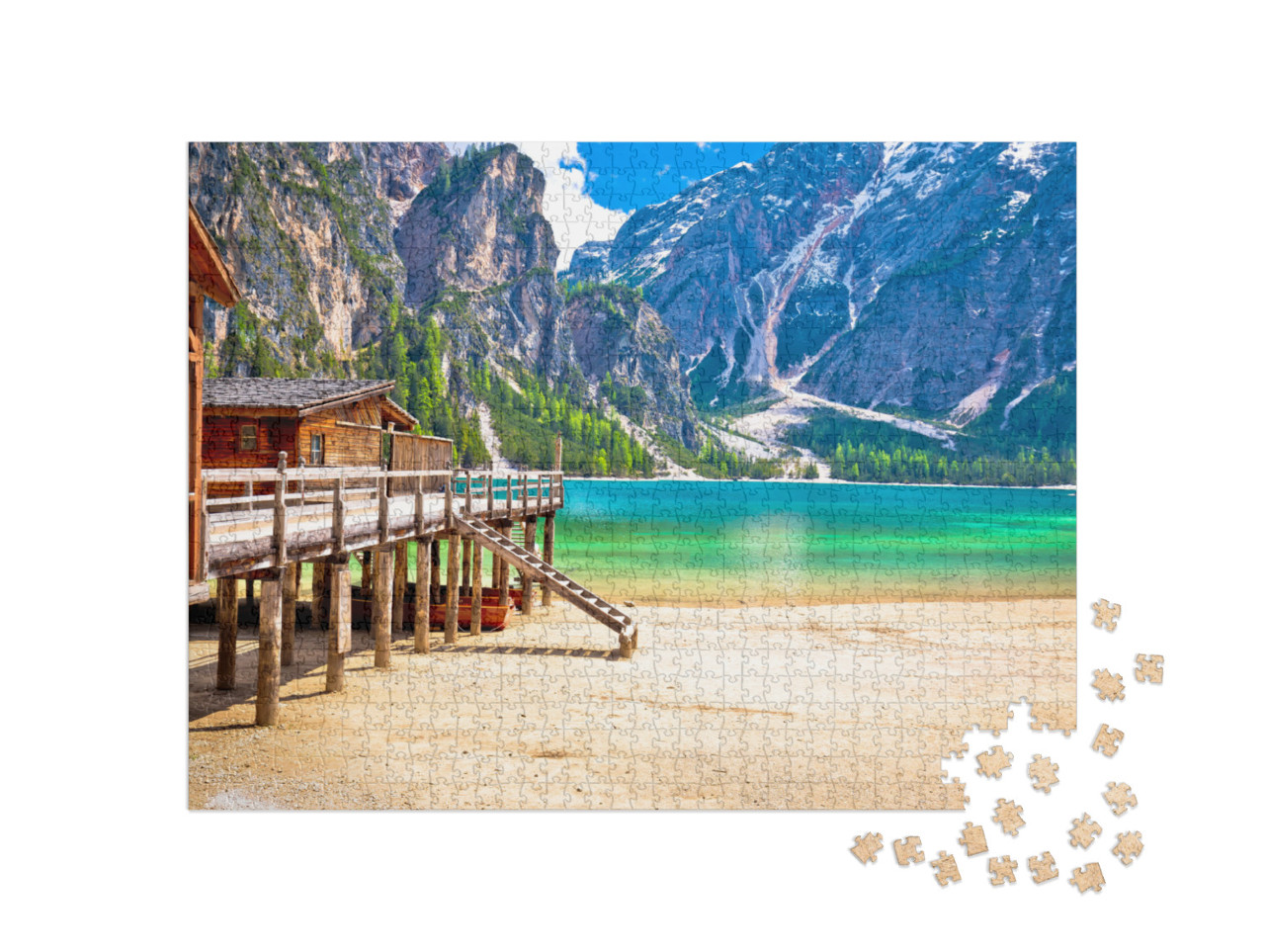 Puzzle 1000 pezzi „Lago di Braies, acqua turchese e vista sulle Alpi dolomitiche, Alto Adige, Italia“