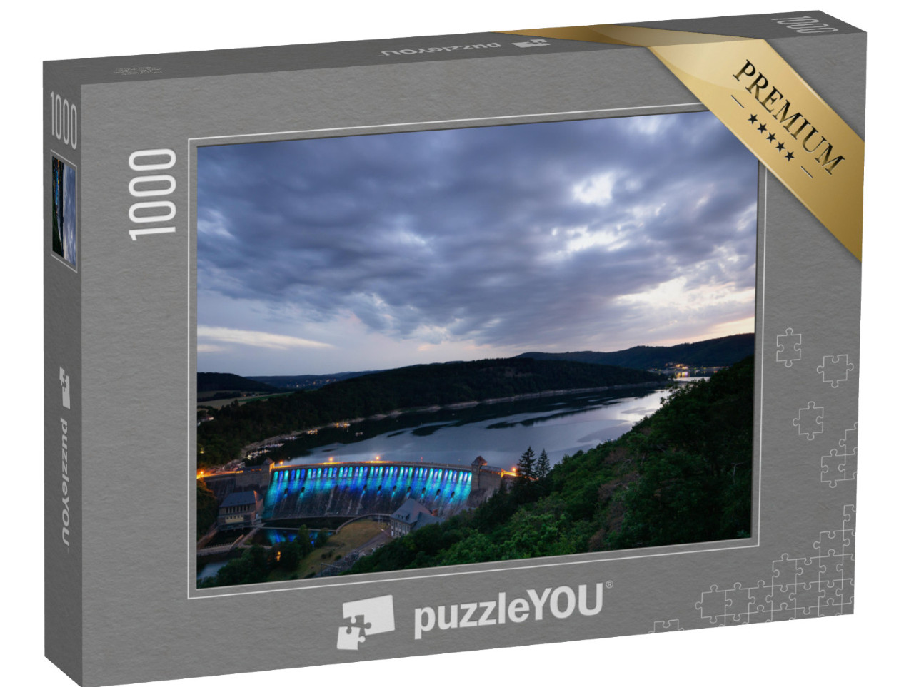 Puzzle 1000 pezzi „Vista dal punto panoramico Kleine Kanzel sul lago Edersee al tramonto“