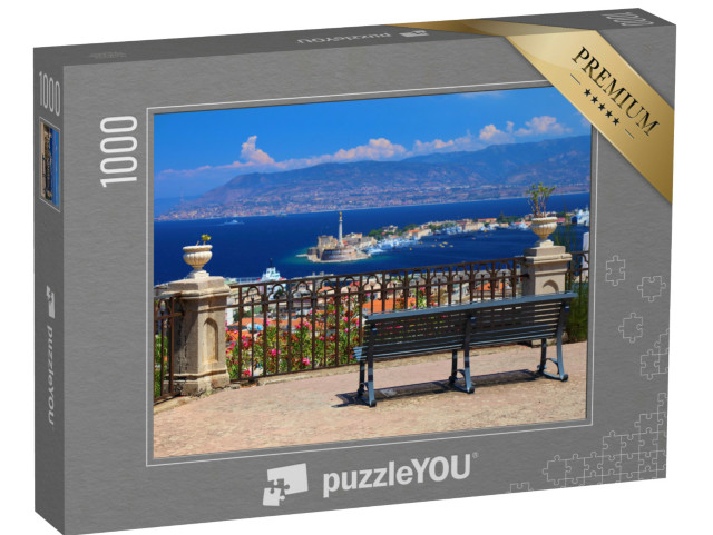 Puzzle 1000 pezzi „Messina, città della Sicilia, Italia. Panchina con vista sullo Stretto di Messina.“