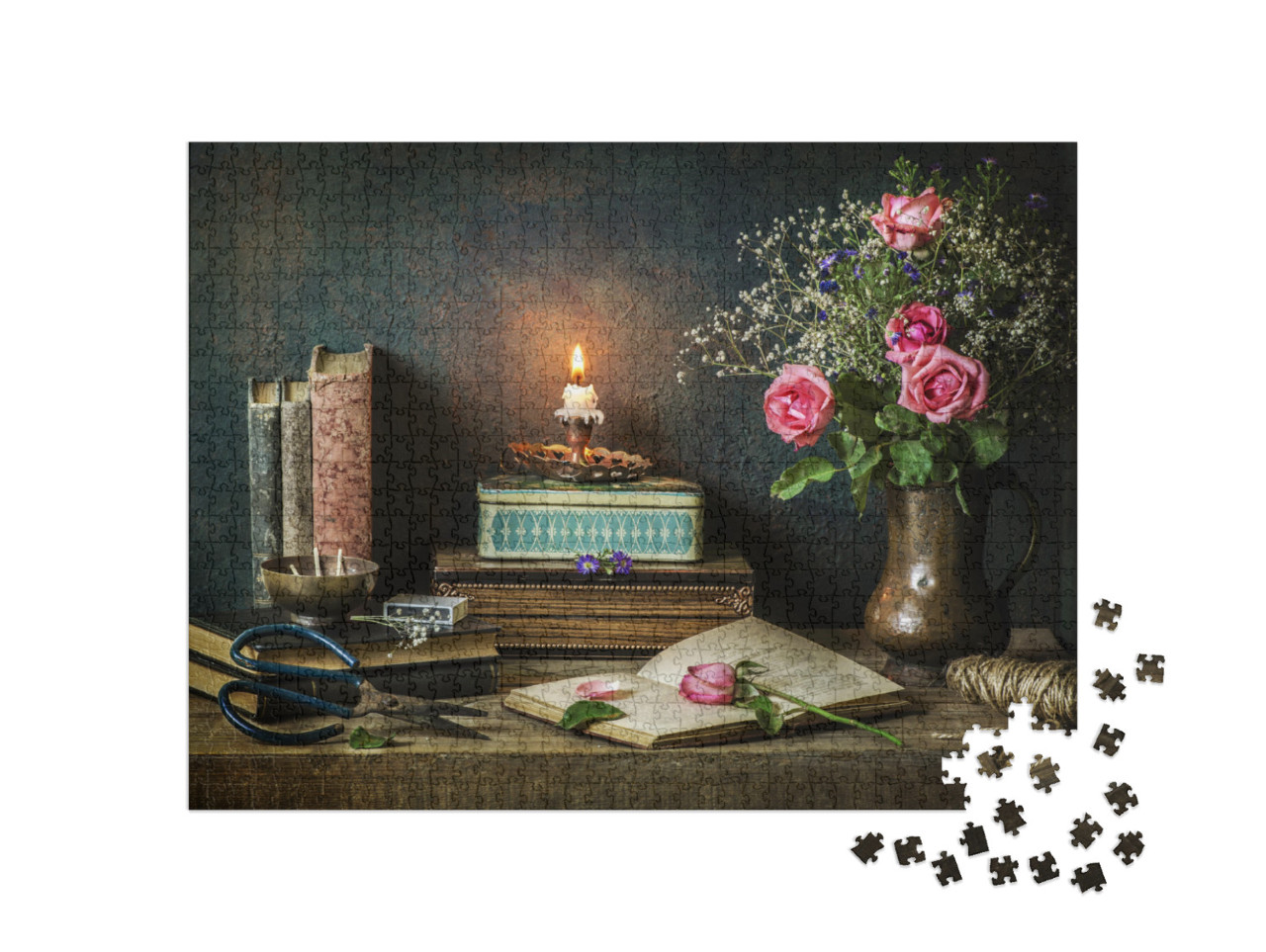 Puzzle 1000 pezzi „Natura morta con vecchi libri, scatole e rose“