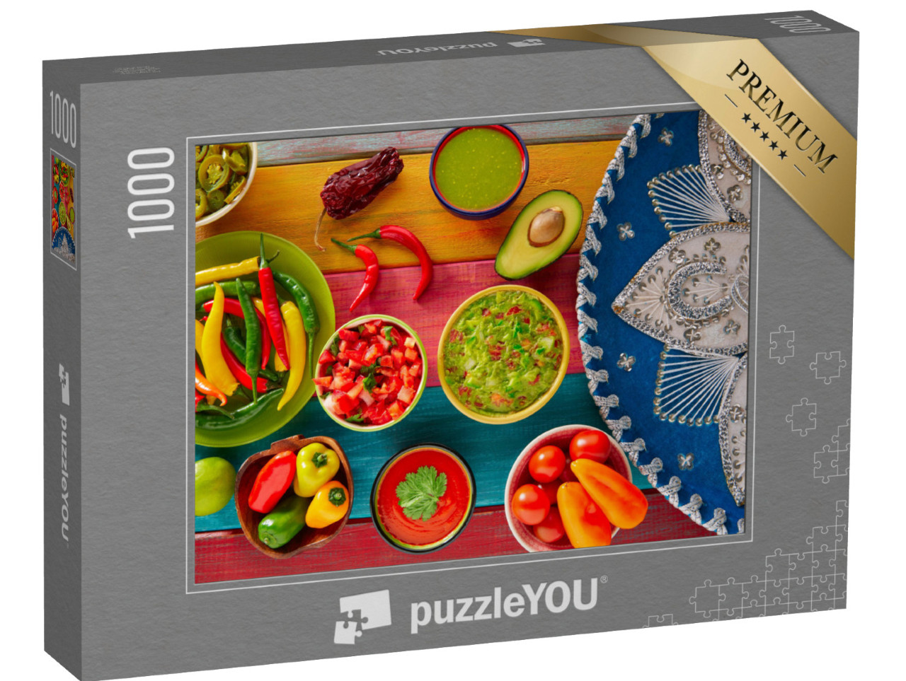 Puzzle 1000 pezzi „Ricette messicane: Nachos al guacamole, salsa al peperoncino e pico de gallo“