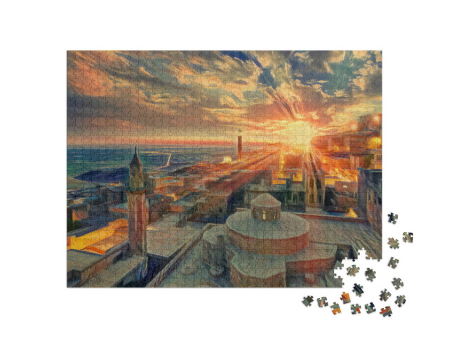 Puzzle 1000 pezzi „nello stile di Edvard Munch, L'urlo - Città vecchia al tramonto - Mardin, Turchia“