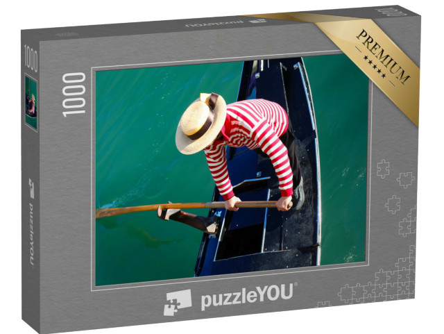 Puzzle 1000 pezzi „Gondoliere veneziano con cappello che rema in gondola sul Canal Grande a Venezia in Italia in Europa“
