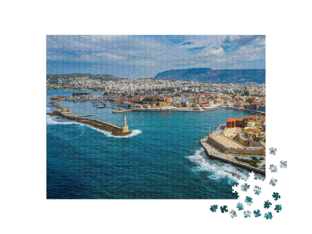 Puzzle 1000 pezzi „Vista panoramica dall'alto della città di Chania, isola di Creta, Grecia“