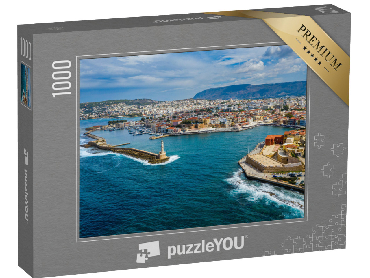 Puzzle 1000 pezzi „Vista panoramica dall'alto della città di Chania, isola di Creta, Grecia“