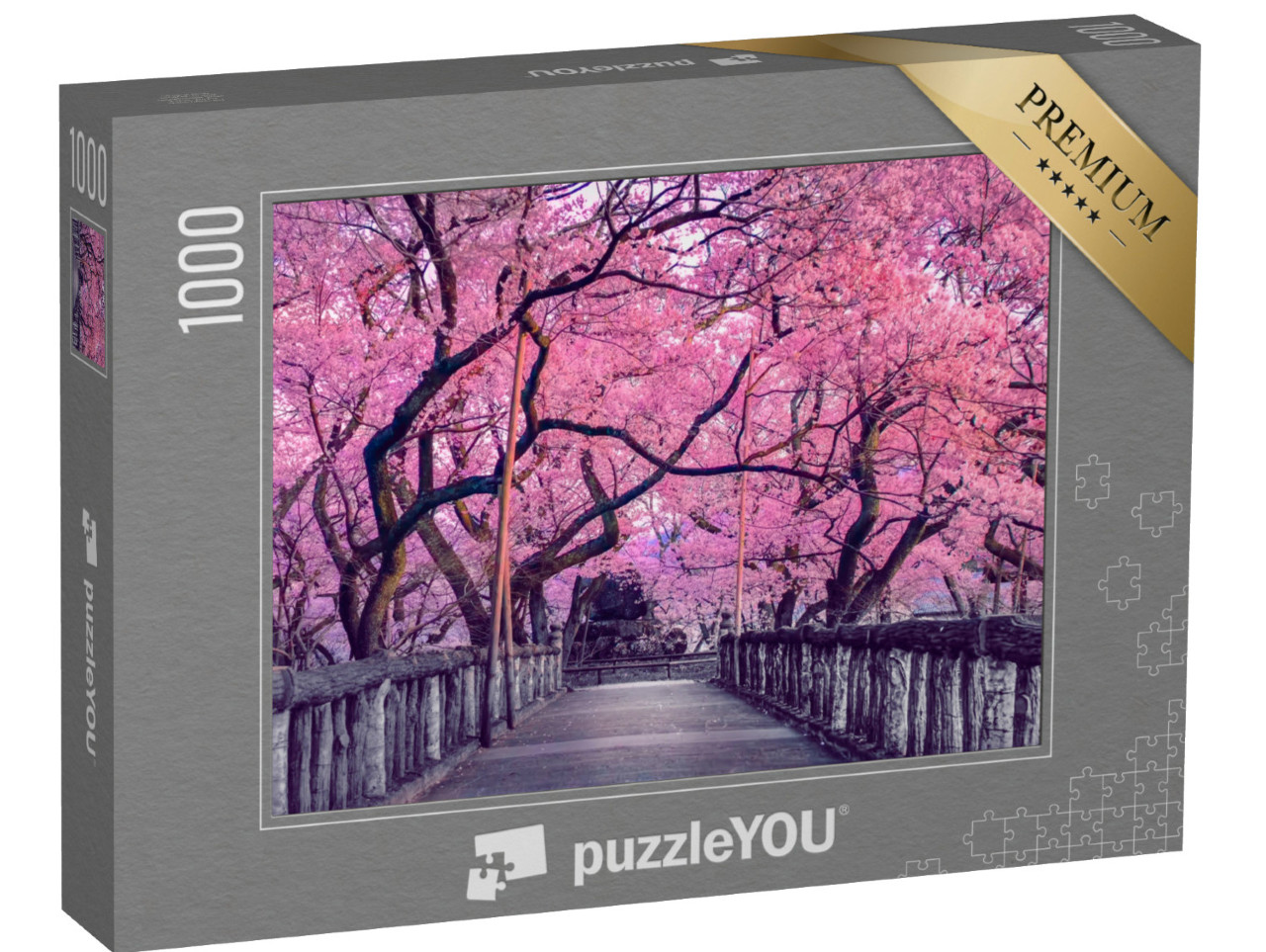 Puzzle 1000 pezzi „Fiori di ciliegio su un vecchio ponte di legno, Giappone“