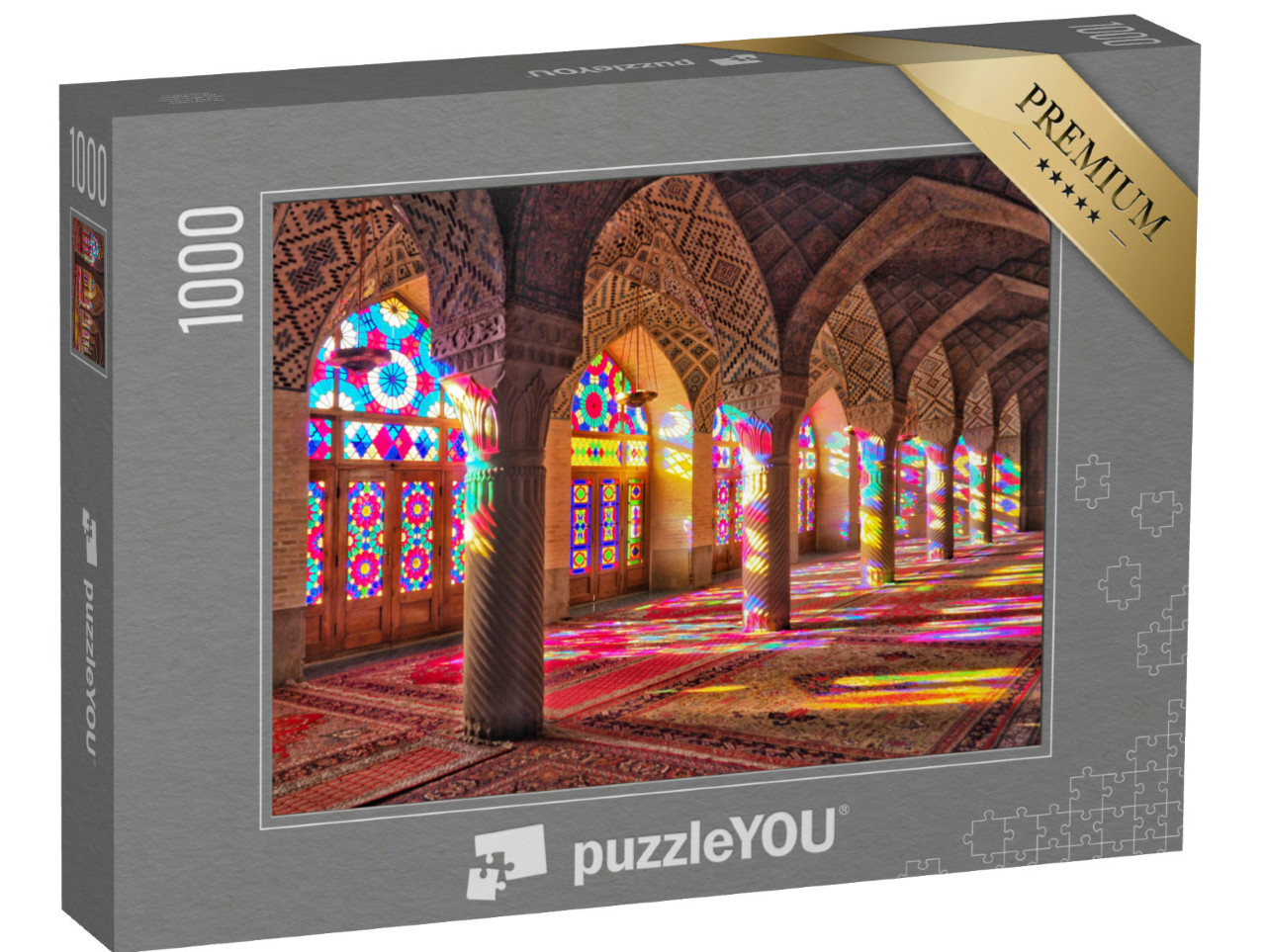 Puzzle 1000 pezzi „Le colorate vetrate della moschea Nasir al-Mulk a Shiraz, Iran“