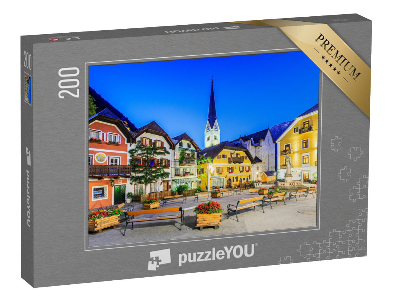 Puzzle 200 pezzi „Hallstatt, Austria, villaggio di montagna nelle Alpi austriache al tramonto“