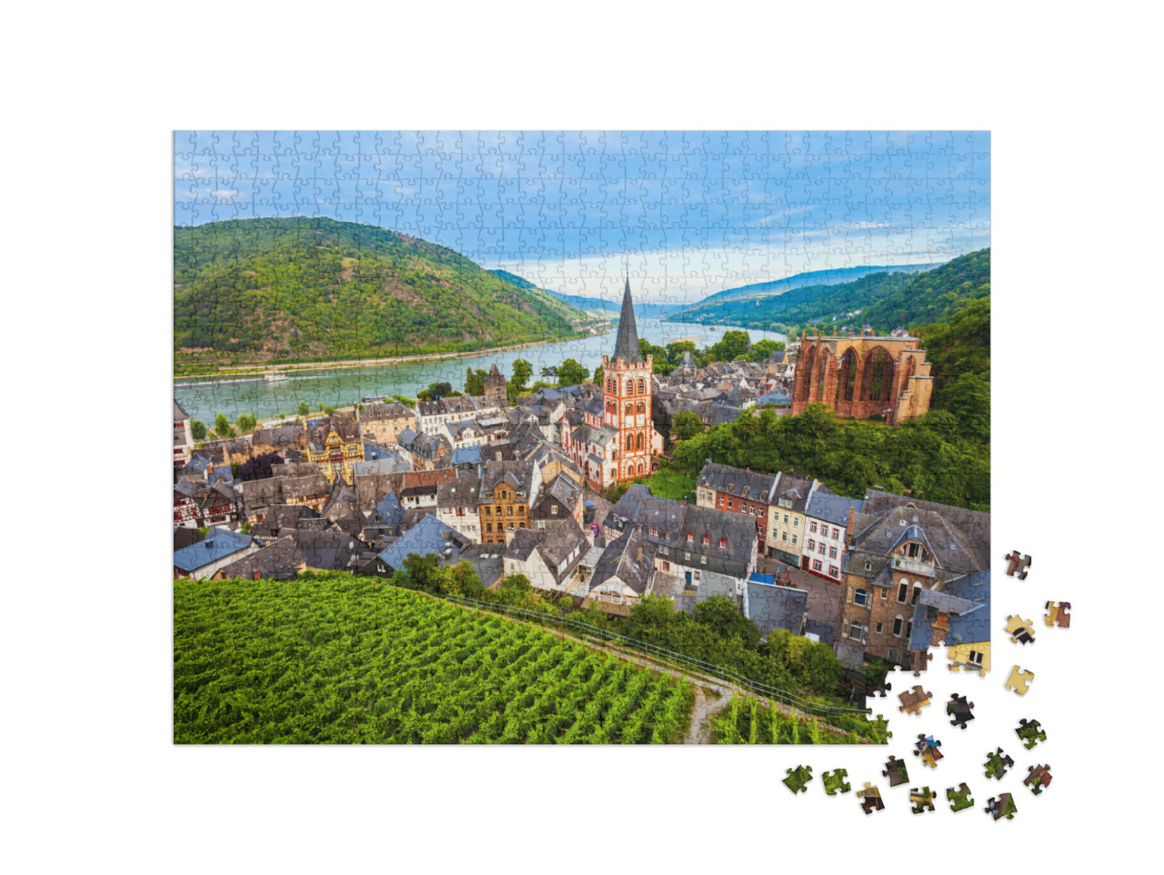 Puzzle 1000 pezzi „Bacharach: una vista panoramica dall'alto, Renania-Palatinato, Germania“