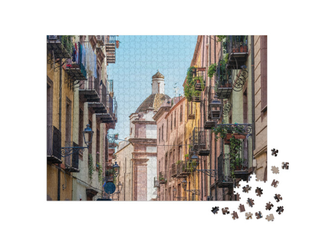Puzzle 1000 pezzi „Centro storico di Bosa con la cattedrale sullo sfondo. Sardegna, Italia“