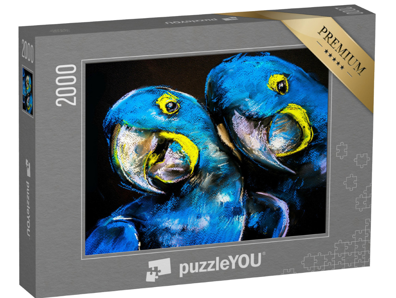 Puzzle 2000 pezzi „Pittura a pastello di pappagalli blu su cartone, arte moderna“
