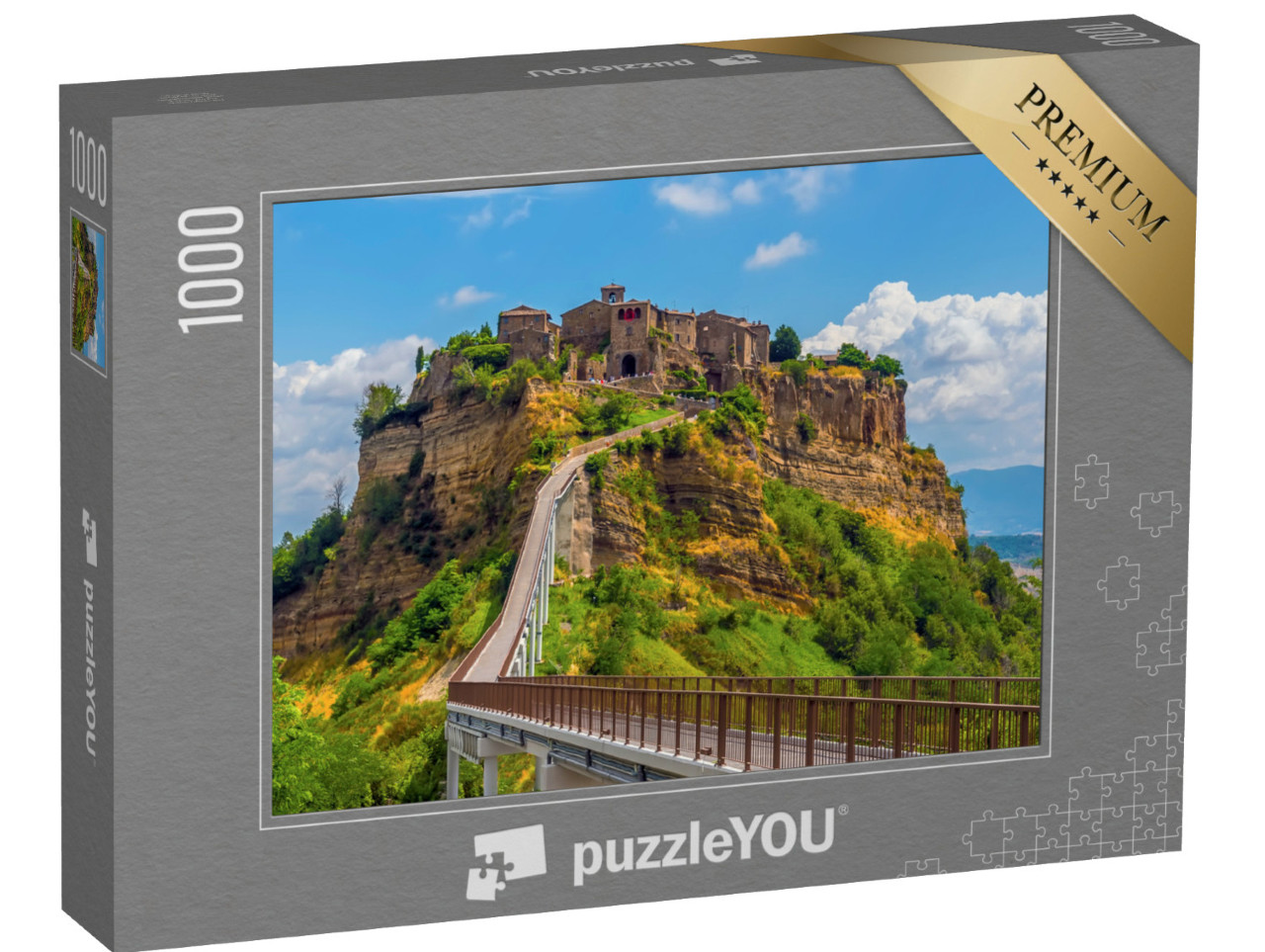 Puzzle 1000 pezzi „Una vista ravvicinata dell'insediamento collinare di Civita di Bagnoregio, nel Lazio, in estate.“