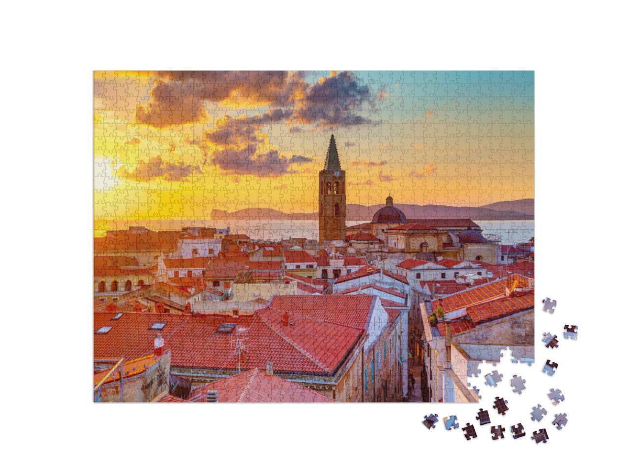 Puzzle 1000 pezzi „Un tramonto sulla città di Alghero, Sardegna“