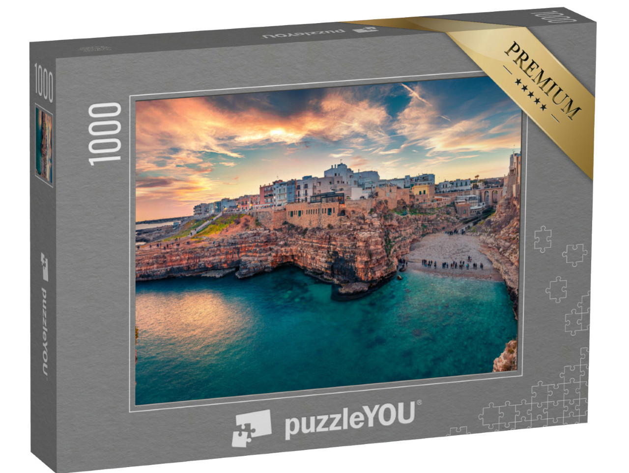 Puzzle 1000 pezzi „Spettacolare paesaggio urbano primaverile della città di Polignano a Mare, Puglia, Italia“