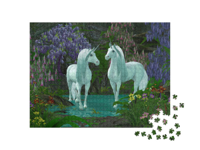 Puzzle 1000 pezzi „Due unicorni vicino a un ruscello con fiori di bosco“